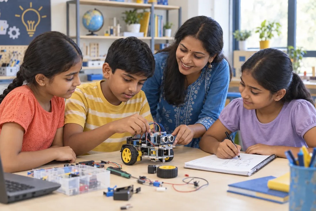 Children collaborating on a practical learning project