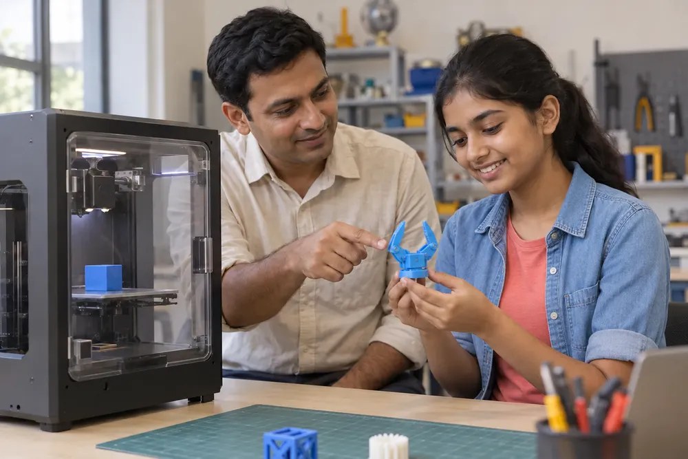 An Indian student and educator exploring a printed robot part beside a 3D printer