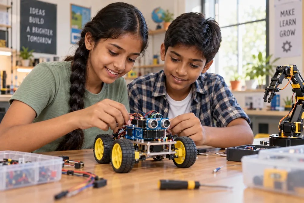 Indian students building a wheeled robot together in a school lab