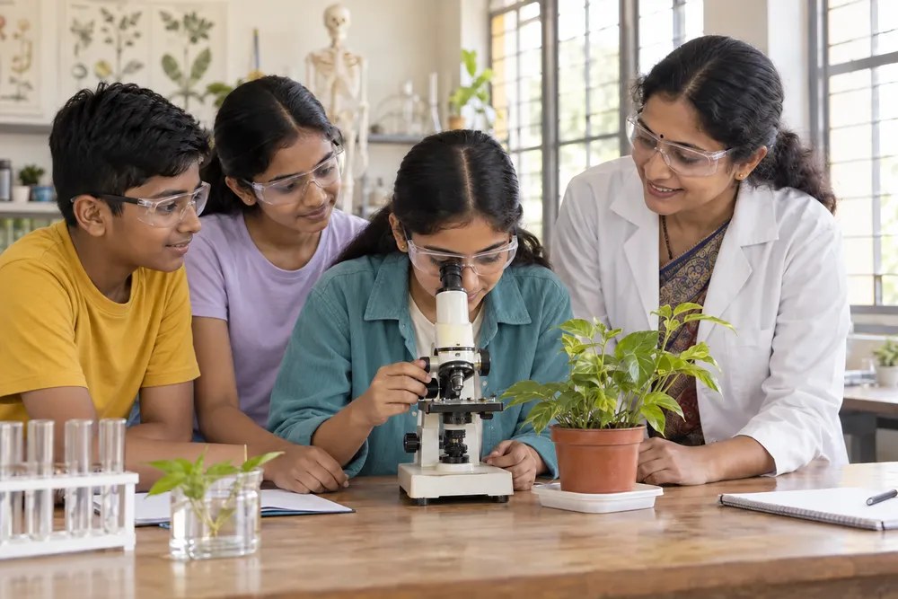 Indian students and an educator exploring plants and microscopy