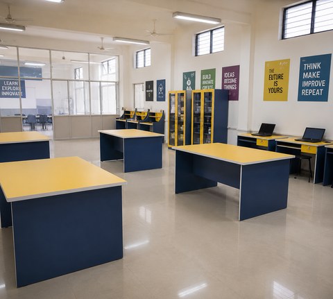 Blue and yellow worktables and computers in a lab
